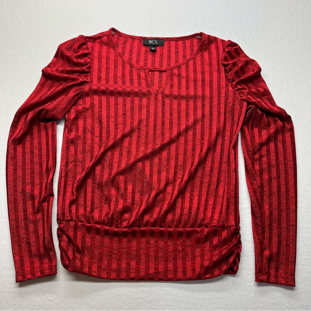 BCX Long Sleeved Top Gathered Shoulders Red Slight Sheer Women's Medium Festive